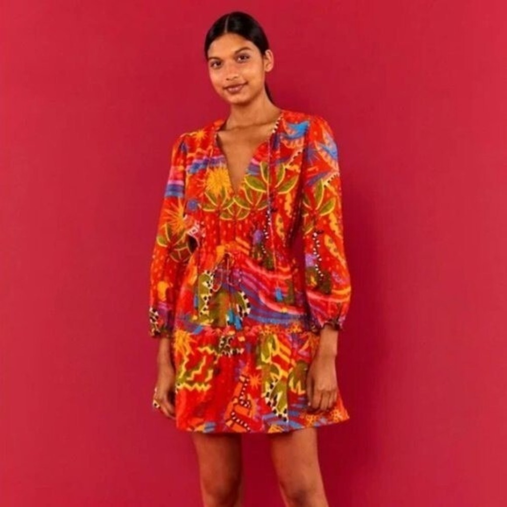 Farm Rio Red Tropical Abstract Print Magic Forest Mini Dress with Tassel Ties